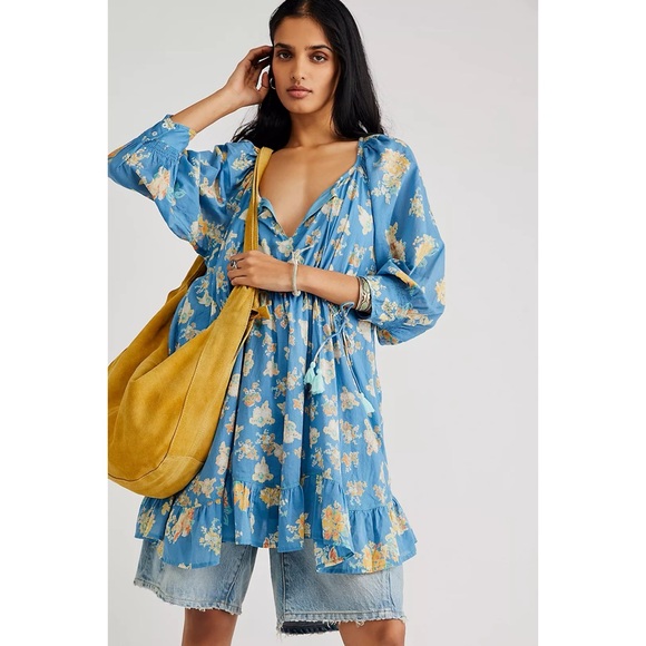 NEW Free People Carmella Mini Dress Blue Floral River Combo Boho Size XS - Picture 4 of 15